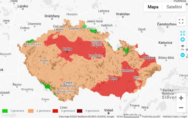 Výskyt různého počtu generací lýkožrouta smrkového v ČR